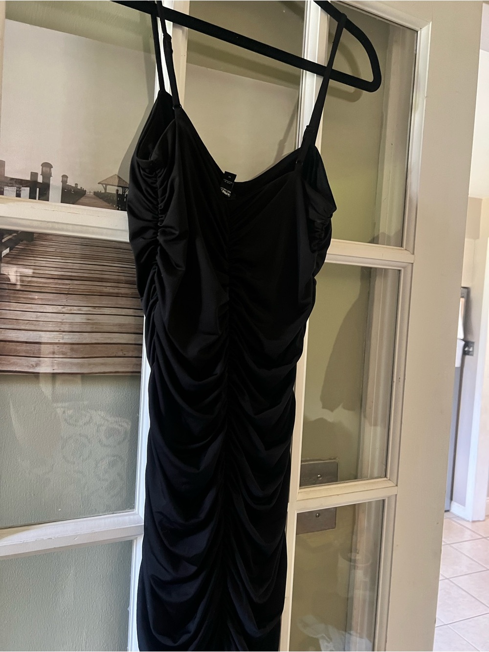 Express Black Ruched Midi Dress with Spaghetti Straps